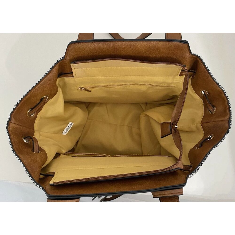 Women's Tote Bag Purse Handbag Brown Black Faux Leather - Picture 4 of 10